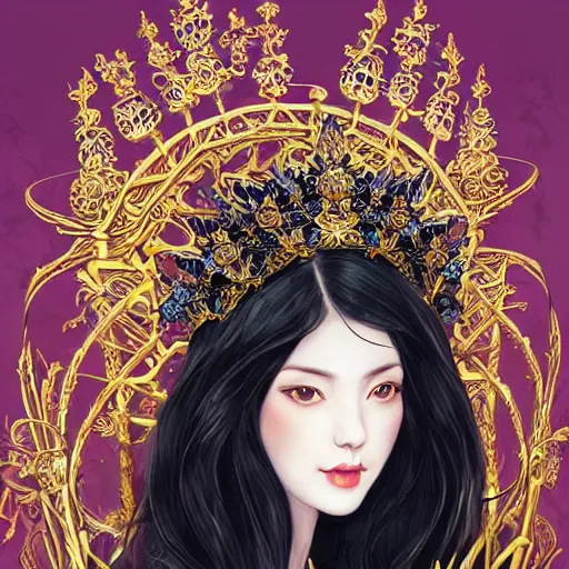 Image similar to a beautiful black haired woman with pale skin and a crown on her head sitted on an intricate metal throne, flower decoration on the background, beautiful illustration, atmosphere, top lighting, perfect composition, smooth, highly detailed, art by so - bin and yuhong ding and chengwei pan,