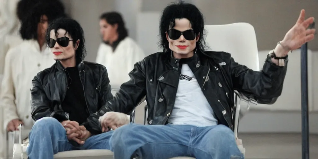 Image similar to michael jackson 2 0 0 9 wearing shades, alone, this is it style, photo real, skin, motion blur, sitting in a chair, by himself, real life, spotted, leaked, ultra realistic face, accurate, 4 k, movie still, uhd, sharp, detailed, cinematic, render, modern