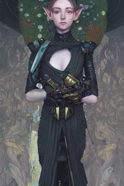 Image similar to portrait of beautiful young elf, cyberpunk, Warhammer, highly detailed, artstation, illustration, art by Gustav Klimt and Range Murata and Ilya Kuvshinov and Sakimichan