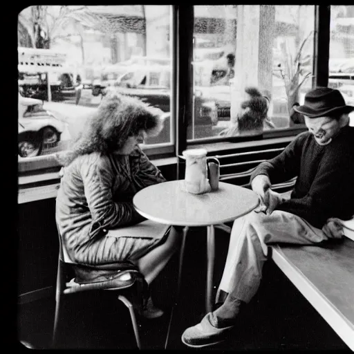 Prompt: kodachrome photo of a man and his wife talking about cats at a budy coffe shop