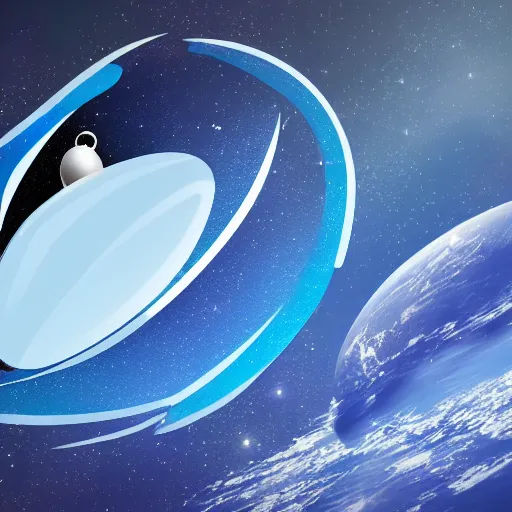 Prompt: Drupal logo fly on a spaceship to space with moon in the background, photorealistic