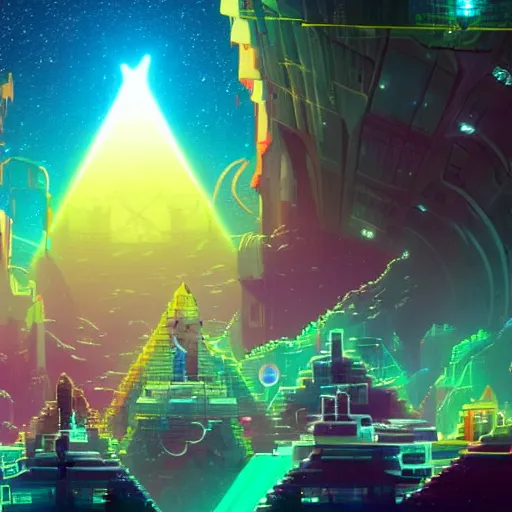 Image similar to an underwater city comprised of light built in the side of a giant robot trying to save the planet, set in the distant future, plants, light prisms, rainbow diffraction, steampunk, cyberpunk, warm lights, anime, vhs distortion, art style mimics starlight brigade by game grumps