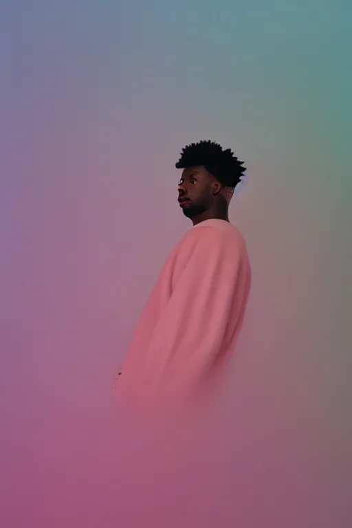 Image similar to high quality pastel coloured film close up wide angle photograph of 2 1 savage wearing clothing resting on cloud furniture in a icelandic black rock!! environment in a partially haze filled dreamstate world. three point light, rainbow. photographic production. art directed. pastel colours. volumetric clouds. pastel gradient overlay. waves glitch artefacts. extreme facial clarity. 8 k. filmic.