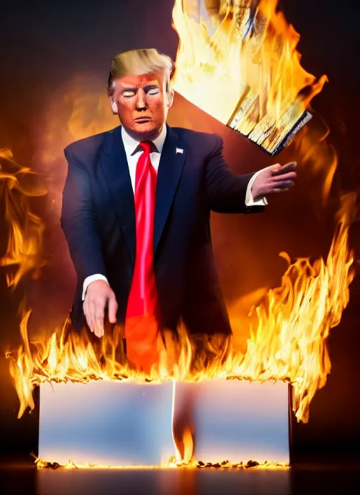 Image similar to a beautiful photo of donald trump burning his own money, intricate details, photography, volumetric light, 8 k