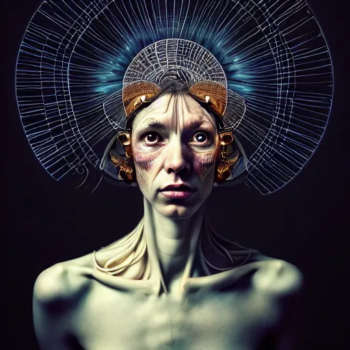 Prompt: Colour Caravaggio style Photography of Beautiful woman with highly detailed 1000 years old face wearing higly detailed sci-fi halo above head and Woman wearing hyperrealistic sci-fi dress ,designed by Josan Gonzalez. Many details . In style of Josan Gonzalez and Mike Winkelmann andgreg rutkowski and alphonse muchaand and Caspar David Friedrich and Stephen Hickman and James Gurney and Hiromasa Ogura. volumetric natural light