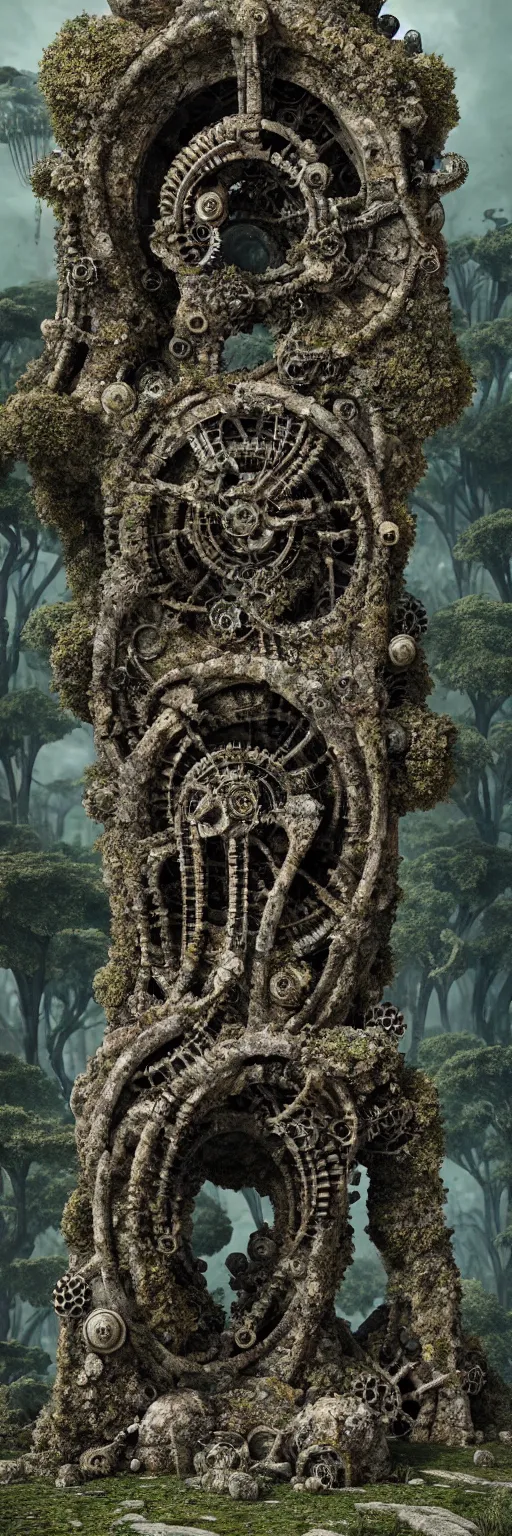 Image similar to ruined ancient lichen covered monument surrounded by biomechanical creatures,solarpunk , ultra realistic, hyper detailed, 8k, octane render