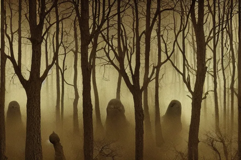 Image similar to IKEA catalogue photo, ghostly teenager bedroom, dark trees, tree trunks, earthy, haunted, dark and misty, owls by Beksiński