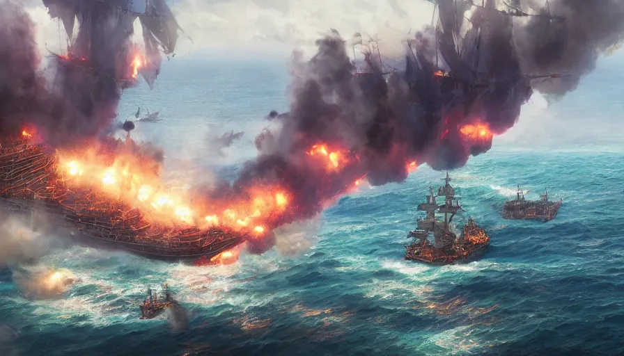 Image similar to A highly detailed matte painting of huge pirate ship battle on the ocean, big fire smokes and big explosions by Studio Ghibli, Makoto Shinkai, by Artgerm, by beeple, by Greg Rutkowski, volumetric lighting, octane render, 4K resolution, trending on artstation, masterpiece