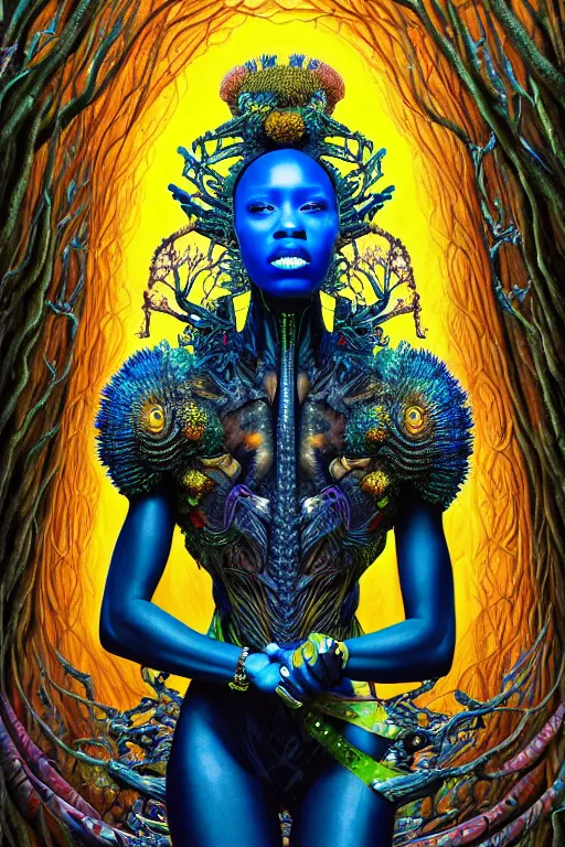 Image similar to hyperrealistic maximalist super expressive! black woman with exoskeleton armor, merging with tree in a forest, highly detailed digital painting masterpiece smooth cam de leon hannah yata dramatic pearlescent blue yellow light ground angle hd 8k sharp focus