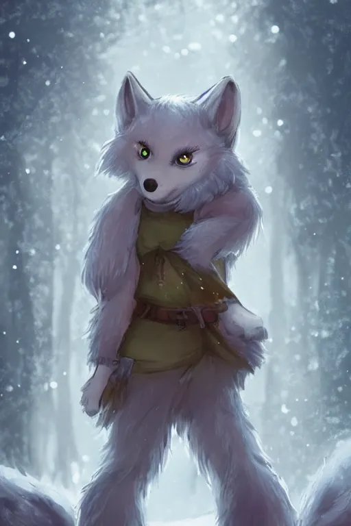 Image similar to a pretty medieval anthropomorphic wolf with a fluffy tail in the forest, comic art, trending on furaffinity, cartoon, kawaii, backlighting, furry art!!!, radiant light, bokeh, trending on artstation, digital art