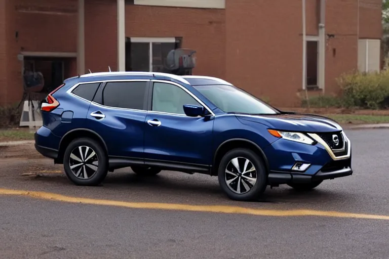 Prompt: crashed 2017 nissan rogue on it's side, flipping, osu cowboys sticker on back windshield