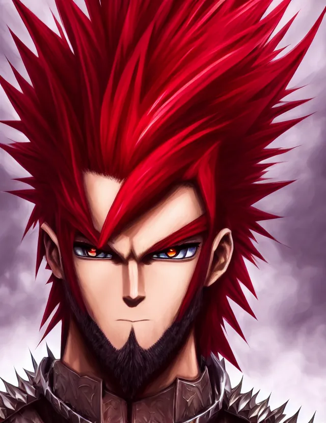 Image similar to a detailed manga portrait of a handsome tall man with spiked crimson hair in fiery crimson crystalline armour, trending on artstation, digital art, 4 k resolution, detailed, high quality, sharp focus, hq artwork, coherent, insane detail, character portrait