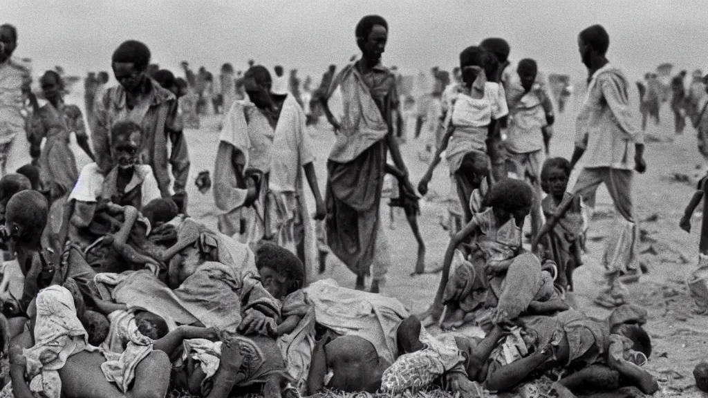 Image similar to 1 9 8 4 ethiopian famine, a news report by bbc, 8 k