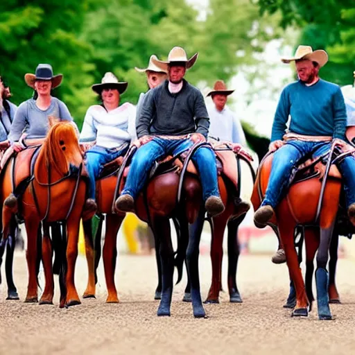 Image similar to Western, people on horses with wheels instead of legs