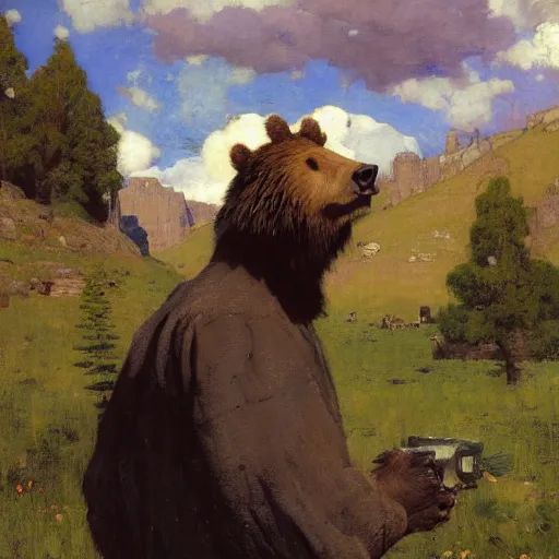 Image similar to wild west portrait of furry anthro anthropomorphic grizzly bear head animal person fursona wearing clothes in the valley, sunny day, digital art by Nerdrum John, William Waterhouse, Winslow Homer, Alex Heywood, Jordan Grimmer, Darren Quach, Greg Rutkowski, Simon Stalenhag, trending on Artstation, CGSociety