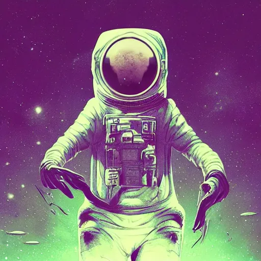 Prompt: scary astronaut, horror poster 9 0 s, cosmic horror, abstract, ghostly, arcade, duotone, poltergeist, lets get weird, intricate, elegant, highly detailed, artstation, smooth, sharp focus, unreal engine 5, raytracing, art by beeple and mike winkelmann, ultraviolet colors,