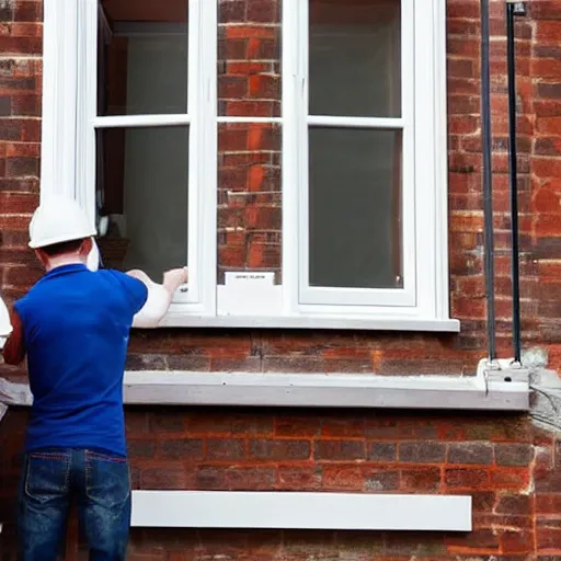 Image similar to many builders inspecting and discussing sash window, dramatic