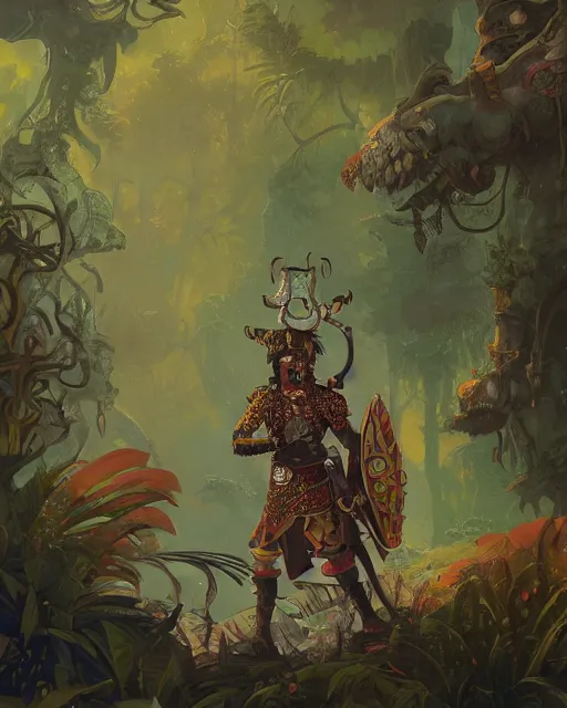 Image similar to 2d illustration of a spanish conquistador wearing pompous ornate armor in a dense jungle, art by Peter mohrbacher and Dan mumford and studio ghibli and disney concept artists, fantasy, intricate octane, trending on artstation, princess mononoke color scheme, detailed, concept art, anatomy