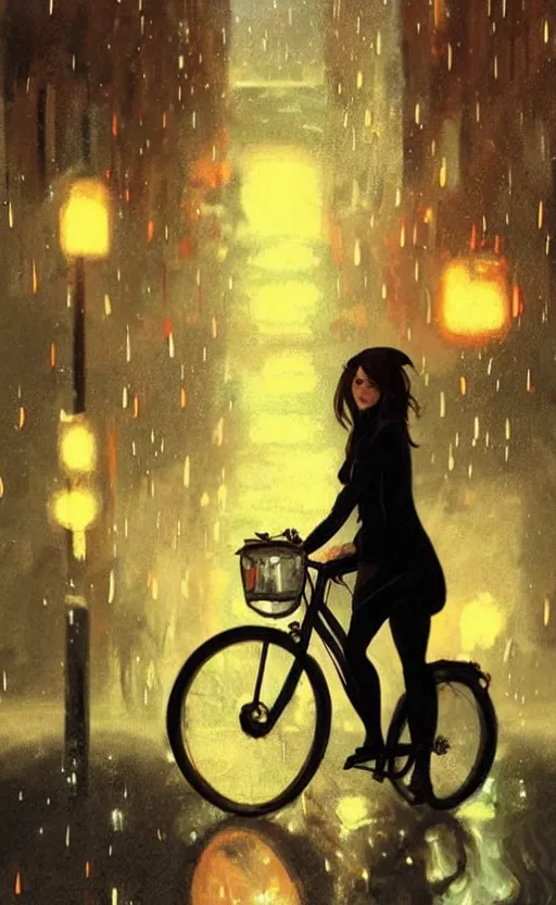 Image similar to a beautiful illustration of a woman riding a bicycle in a rainy night, fiery particles, anime aesthetic, midnight theme, depth of field, bokeh, composition study, featured on artstation, by art by artgerm and greg rutkowski and alphonse mucha, vertical orientation