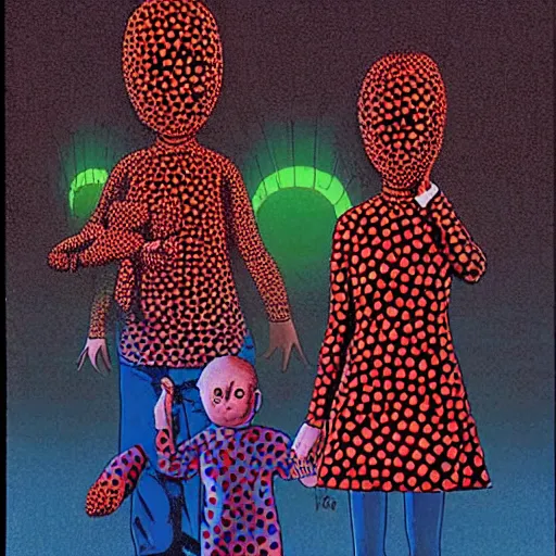Image similar to a creepy family, by yayoi kusama and richard corben