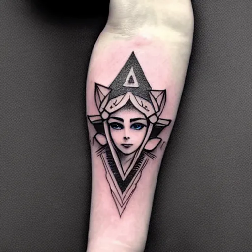 Image similar to tattoo design, stencil, portrait of princess zelda by artgerm, symmetrical face, beautiful, triforce