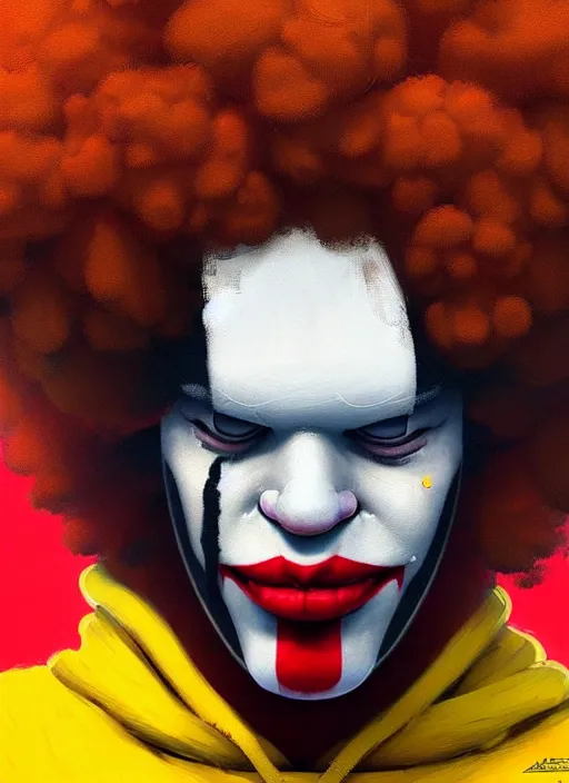 Prompt: highly detailed portrait of ronald mcdonald, red afro, yellow hoodie, white facepaint by atey ghailan, by greg rutkowski, by greg tocchini, by james gilleard, by joe fenton, by kaethe butcher, gradient blue, black, brown and cyan color scheme, grunge aesthetic!!! ( ( graffiti tag wall background ) )