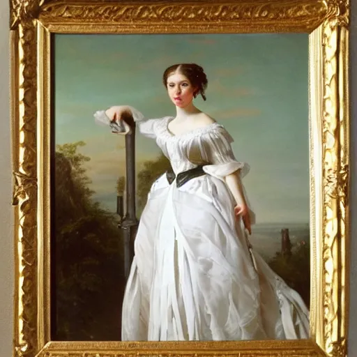 Image similar to full body portrait of a young german princess standing by a chair by Franz Xaver Winterhalter and Andreas Herman Hunæus painted in the 1860s, romanticism, vivid, fancy, beautiful face, rococo, clear, coherent