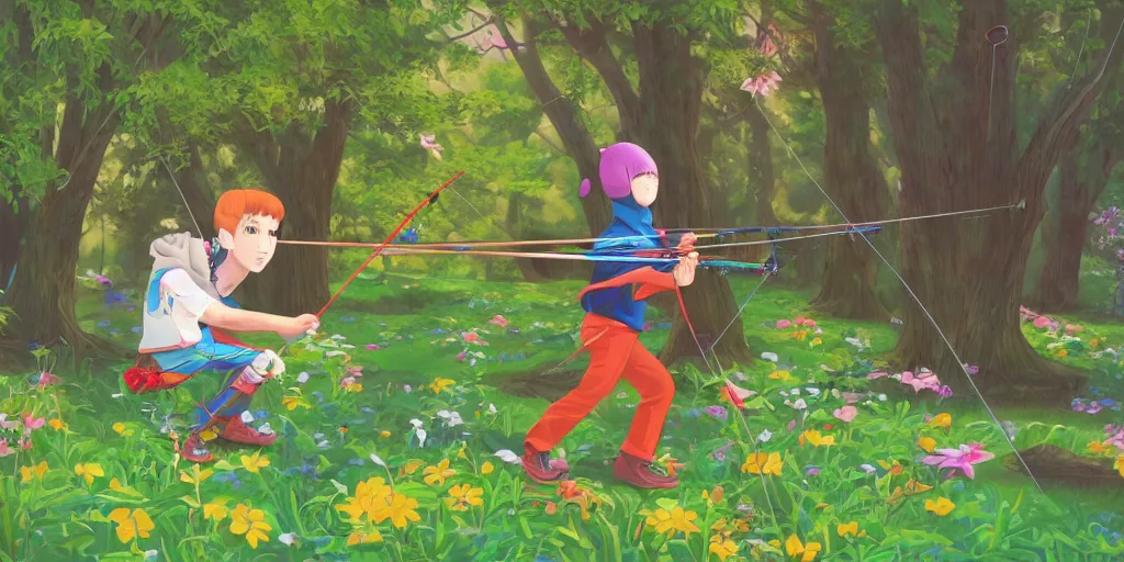 Image similar to a young boy practicing archery in the backyard of a castle, digital art, vivid colors, flat colors, cinematic, wide angle, made by chiho aoshima, trending on artstation, detailed