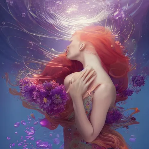 Image similar to Ginger woman in a swirling sundress of flowers, underwater, floral explosion, radiant light, vortex of plum petals, by WLOP and artgerm, artstation, deviantart, pixiv