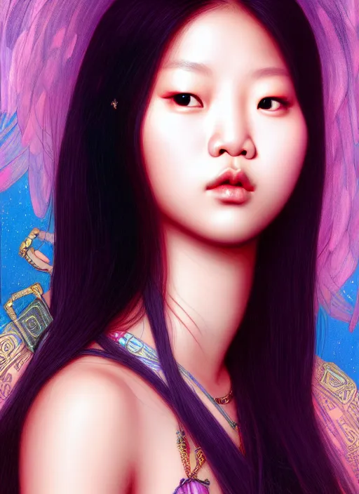 Image similar to jennie kim of blackpink, queen, tarot card, highly detailed, digital painting, smooth, sharp focus, illustration, ultra realistic, unreal engine, 8 k, art by simon bisley and greg rutkowski and alphonse mucha