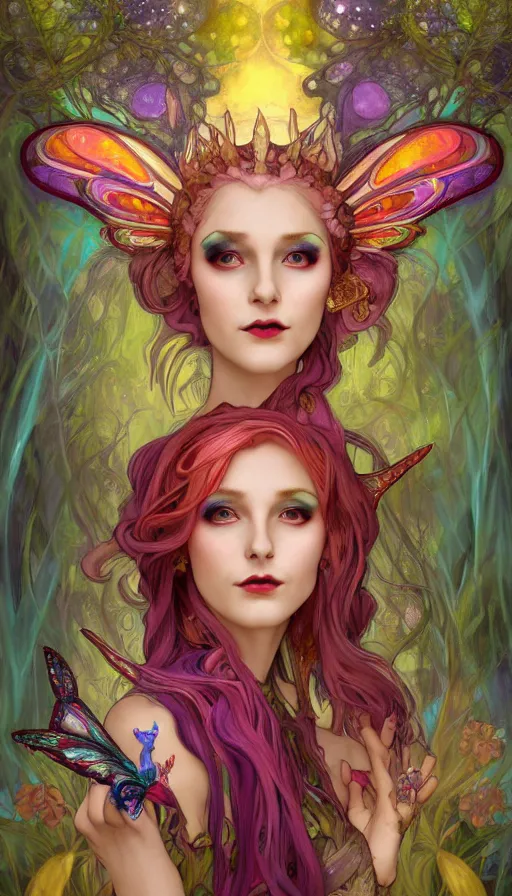 Image similar to a colorful and provenance and stunningly beautiful female faerie priestess in amanita muscaria forest landscape, symmetrical wings on back, neon hair, fantasy art, wearing a dress of gossamer gold, dark light night, sharp focus, digital painting, 4 k, concept art, art by charlie bowater and alphonse mucha, brom, face by otto schmidt