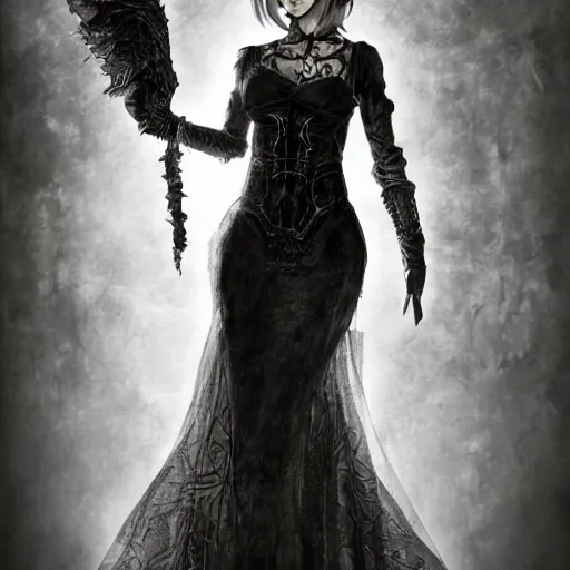 Prompt: full length portrait of a woman with timeless beauty & breathtaking eyes dressed in gothic attire, intricate digital art, elegant, DSLR 8K, biblical art, realism, incomprehensible detail, final fantasy & silent hill aesthetic, photorealistic, lifelike, created by Razaras on deviantart