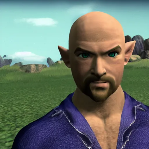 Image similar to character screenshot of bald ufc dana white, npc, ocarina of time, field, 3 6 0 p, bokeh, legend of zelda, detailed, dialog text