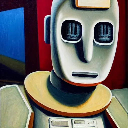 Image similar to crying robot, portrait, visage, dystopian, pj crook, edward hopper, oil on canvas