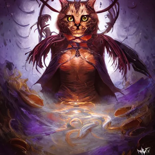 Image similar to Cat necronomancer, portrait, magic the gathering artwork, D&D, fantasy, cinematic lighting, centered, symmetrical, highly detailed, digital painting, artstation, concept art, smooth, sharp focus, illustration, volumetric lighting, epic Composition, 8k, art by Akihiko Yoshida and Greg Rutkowski and Craig Mullins, oil painting, cgsociety