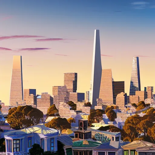 Prompt: Artist's rendering of the proposed utopian San Francisco skyline filled with colorful Victorian style skyscrapers