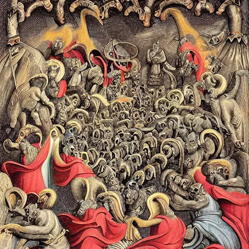 Image similar to where's waldo in dante's inferno with trumpeters and demons, intricate detail, martin handford, hd