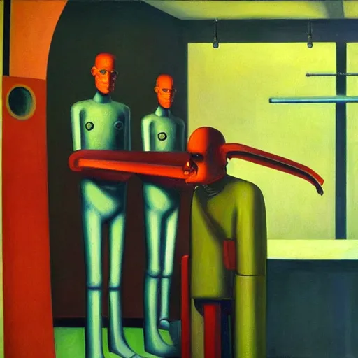 Image similar to prisoners, robotic guards, human subjugation, mind control, dystopian, pj crook, edward hopper, oil on canvas