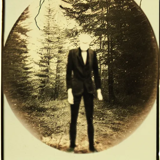 Image similar to a damaged image Slender man in the woods at night, old photography, creepy, vintage