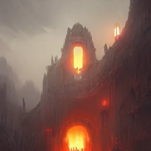 Image similar to gates to hell, by greg rutkowski, sung choi, photo realistic, 8 k, cinematic lighting, hd, atmospheric, hyperdetailed, trending on artstation, devainart, digital painting, glow effect