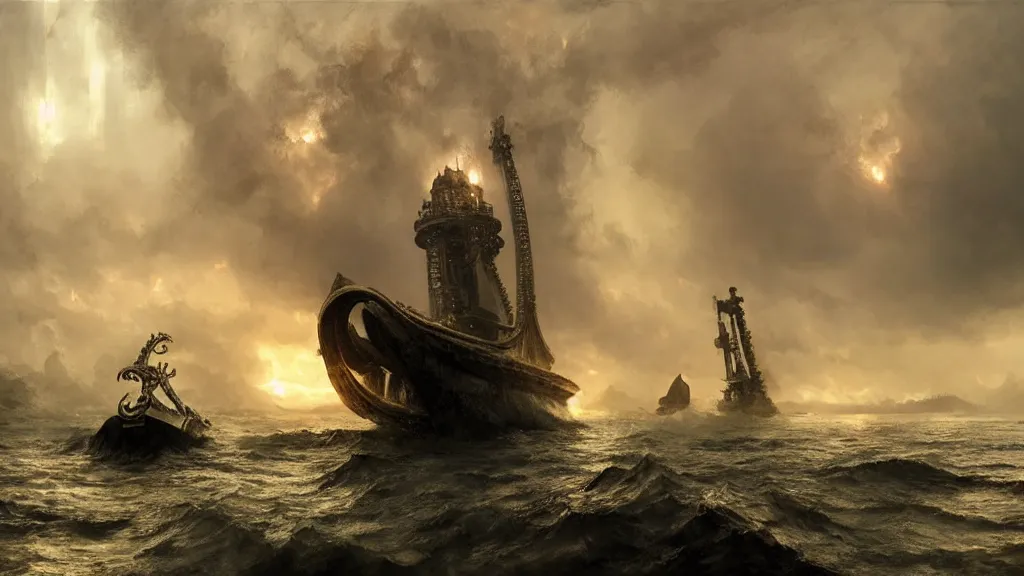 Image similar to small boat in foreground, giant big kraken in the background, lightning in background, intricate, detailed, volumetric lighting, sharp focus, scenery, digital painting, highly detailed, concept art, ruan jia, steve mccurry