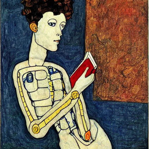 Image similar to a robot reading a book by egon schiele
