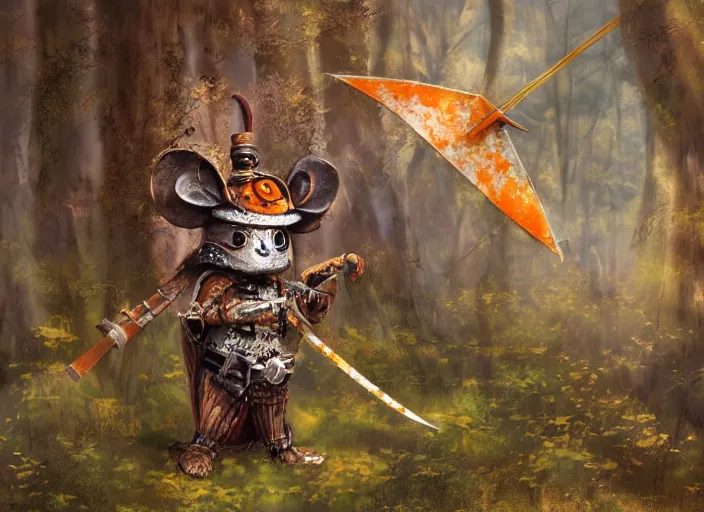 Prompt: ashigaru steampunk - inspired feathered mouse, colorful plumage, lacquered armor, polearm glaive, cute but determined, hard focus, art station, by jessica rossier and brian froud, cinematic, orange grey white, in a woodland glade