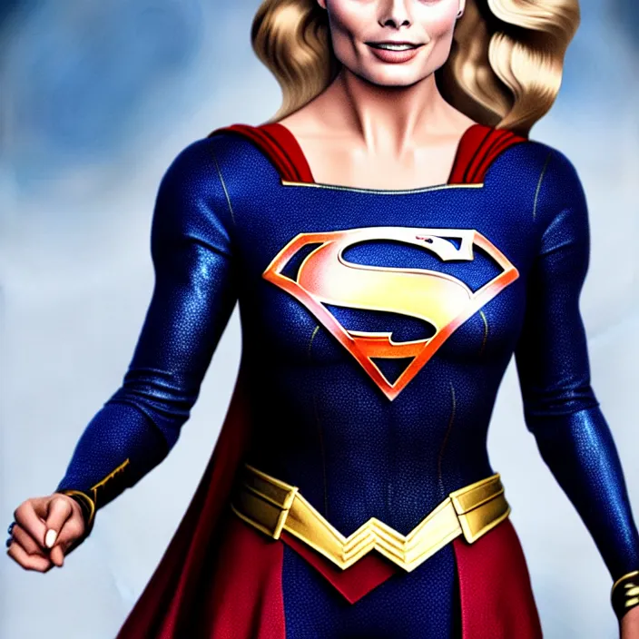 Prompt: full length portrait photograph of a margot robbie as supergirl. Extremely detailed. 8k