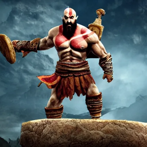 Image similar to kratos from god of war eating a cheeseburger