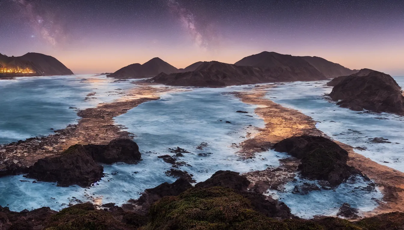 Image similar to coast of Lima, Peru at dusk with a Milky Way sky photographed in 4K, photorealistic