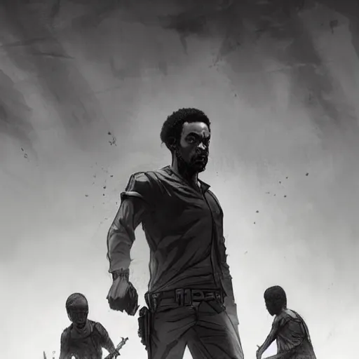 Prompt: lee everett walking dead game telltale, gigachad black and white trending on artstation, painted by greg rutkowski