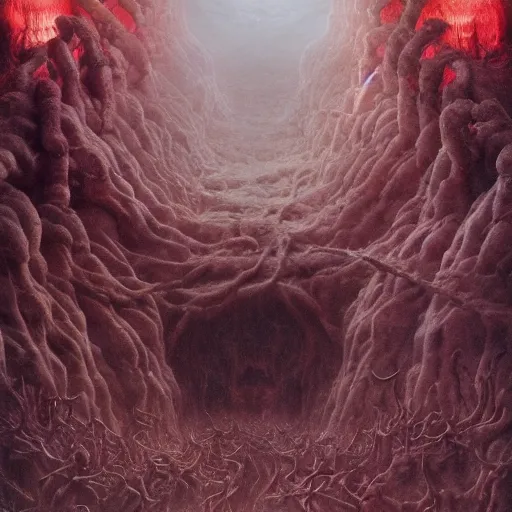 Prompt: the topology of hell | highly detailed oil painting, hyperrealistic, very intrincate | cinematic lighting, award - winning | by rachel ruysch, wayne barlowe, beksinski and bocklin | by austin osman spare and william blake, trending on artstation, cgsociety, official art, octane.