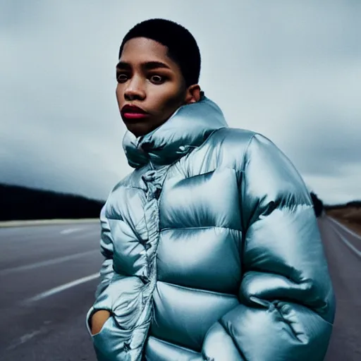 Image similar to realistic! photoshoot for a new balenciaga lookbook, color film photography, portrait of a beautiful woman wearing a puffer jacket, photo in style of tyler mitchell, 35mm