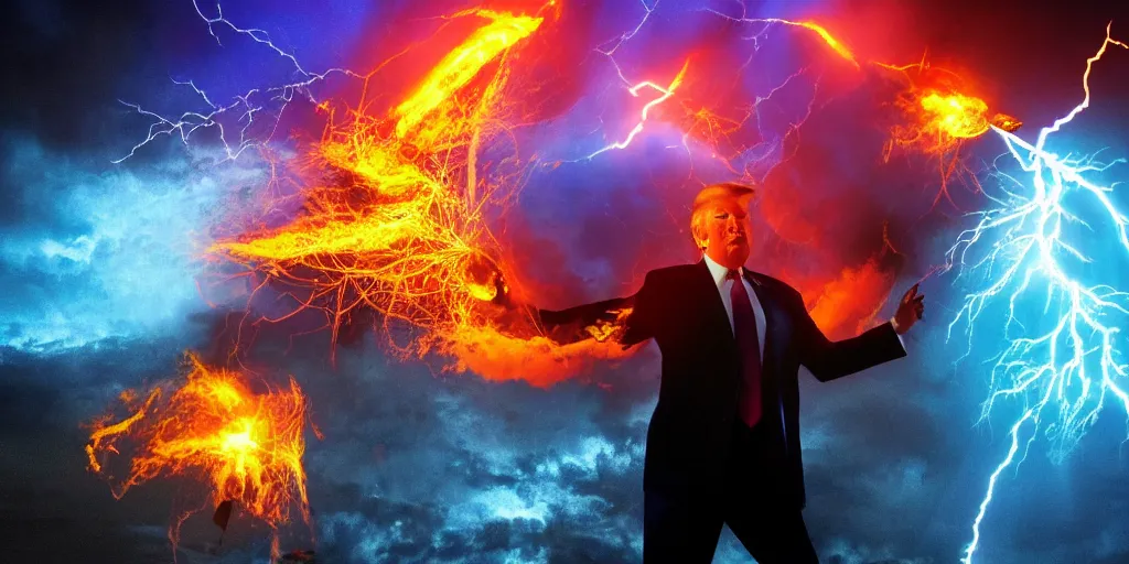 Image similar to donald trump casting fireballs, colorful hd picure, lightning in the background